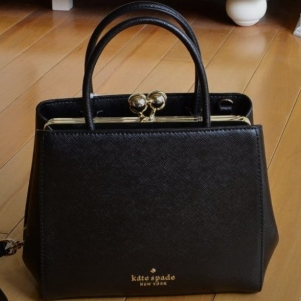 Kate Spade Black Satchel with Gold Accents/ Kisslock/ Crossbody Strap/ BNWOT - Picture 3 of 9